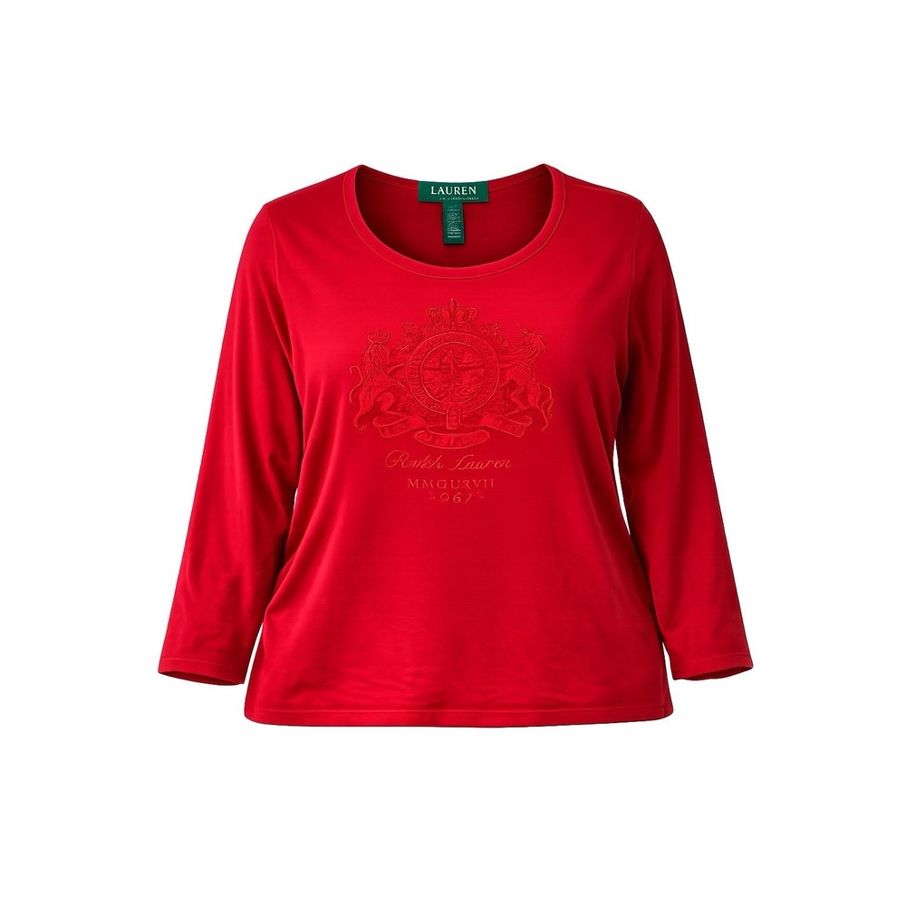 Lauren Ralph Lauren Shirt Women's 3X Red Beaded Embroidered Crest Long Sleeve